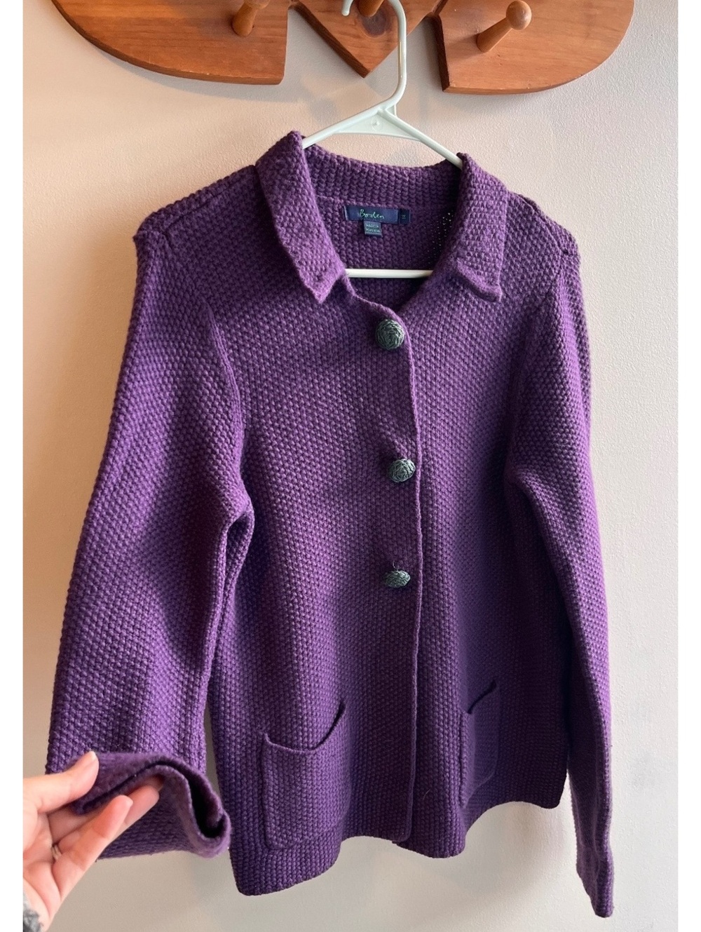 Boden Purple 100% Wool Textured Waffle Knit Cardigan Jacket Sz 14 (Fits Sm/Med)